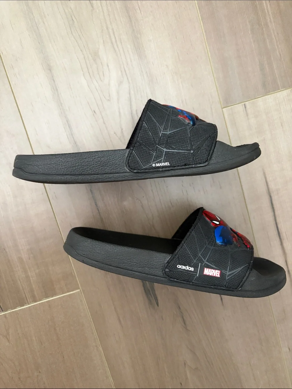 adidas Kids Black Slides with Red & Blue Spider-Man Graphic